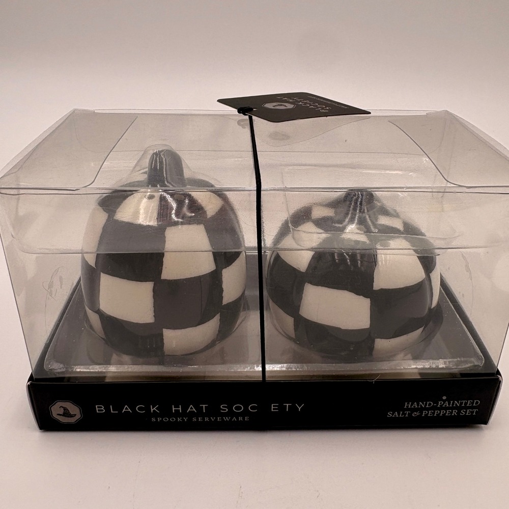 Black Hat Society Halloween Checkered Pumpkin Salt and Pepper Shaker Set Courtly